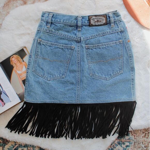 Vintage 90's D'Mode Classix Denim Skirt with Fringe - Picture 11 of 16